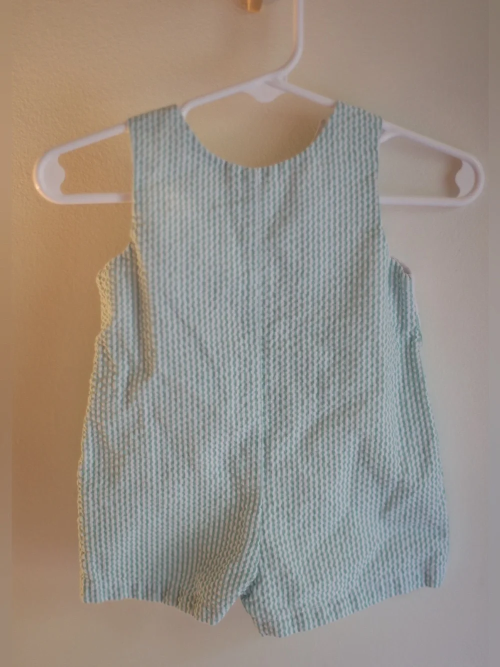 Baby Boy 3M Green Seersucker Smocked Jon Jon Romper Safari Animals Embroidered